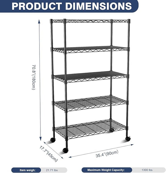 VANZBON 5-Tier Heavy Duty Wire Shelving Unit,35" Wx18 Dx71 H,Wire Shelf Racks with Wheels,Height Adjustable Storage Metal Shelves for Kitchen,Garage,Office,Living Room,Pantry,Black
