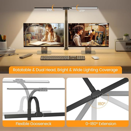 SIBRILLE Upgraded LED Desk Lamp for Home Office with RGB, Rotatable Computer Desk Light with Remote, Tall Table Lamp with Clamp for Working, Dimmable Dual Head Task Lighting for Monitor PC, 22W