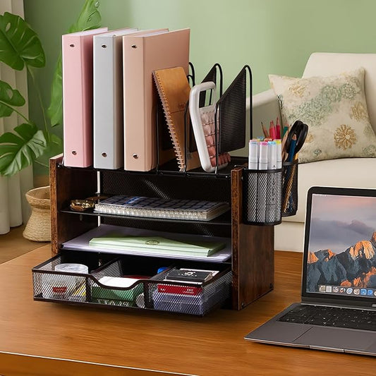Y YOMA Wooden Desk Organizer, 4-Tier Mesh Desk Organizer with Drawer, Paper Tray & 5 Vertical File Holders, 2 Pen Holders, Desktop Organizer and Accessories for Home Office Dorm