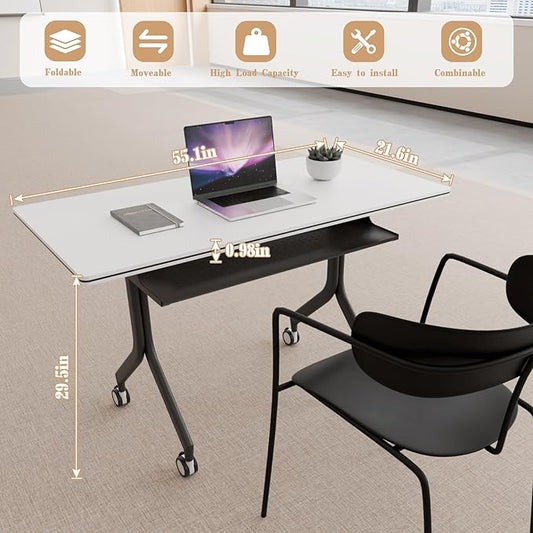 Goakwwuz Conference Room Table, Folding Conference Tables,Thicken Grey Tabletop,Flip Top Wooden Seminar Meeting Room Table for Conference Room Offices (10, Black Drawer, 55.1”)