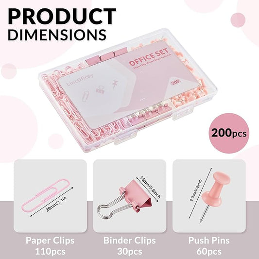 LincOficey 200pcs Paper Clips Binder Clips and Push Pins Set, Mini Clips and Thumb Tacks for Multipurpose Document Organization (Pink)
