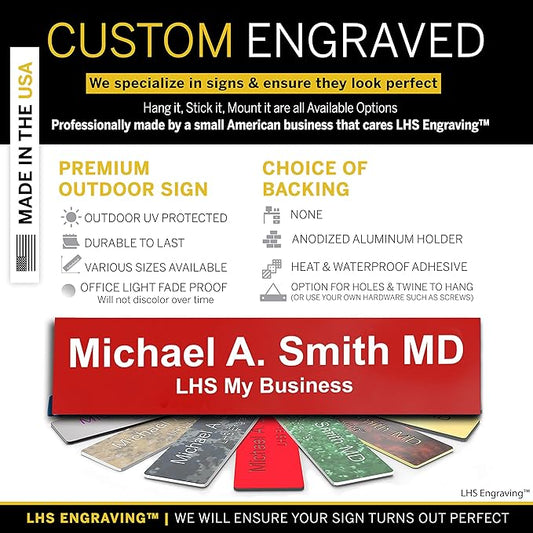 Custom Name Plate with Choice of Mounting for Walls, Doors, Cubicles, Hanging and More - Personalized Red Plastic White Letters - USA Made 2x12 - B7