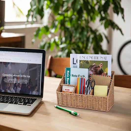 DINGTAI Rattan Desk Organizer, Tabletop Mail Holder, 5 Slot Mail Organizer Countertop Basket, Rattan Office Supplies, Boho Office Desk Accessories, Wicker Desk Organizer, Magazine Holder(Wicker)