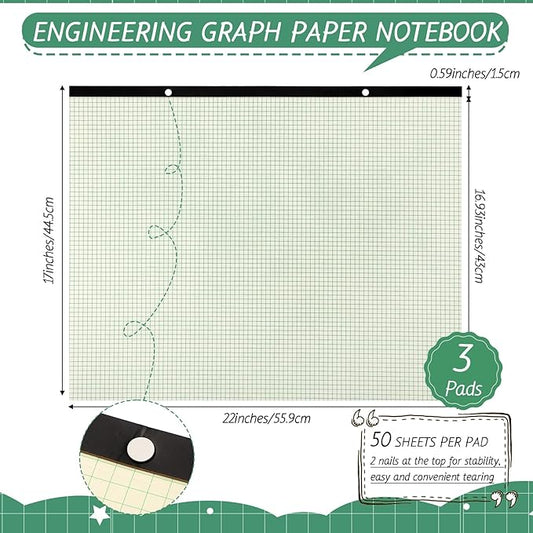 Fainne 3 Pcs Large Engineering Graph Paper Grid Graph Paper Pad Giant Drafting Pad Blueprint Sketching Graph Paper Engineer Architect Designer Mathematician Draftsman (Beige, Green,22x17inches)
