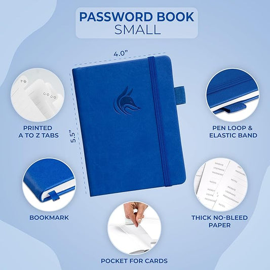 Clever Fox Password Book with alphabetical tabs. Internet Address Organizer Logbook. Small Pocket Password Keeper for Website Logins (Royal Blue)