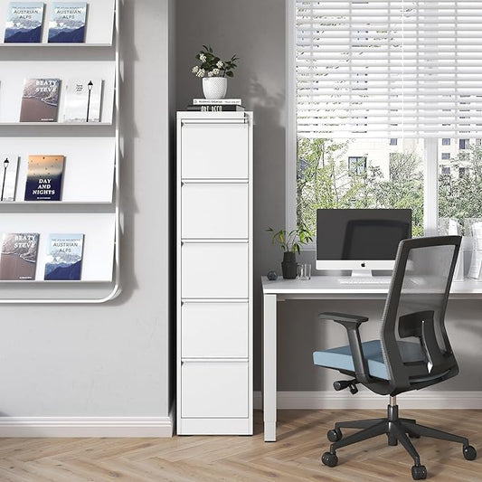 FLIXELIO 5 Drawer File Cabinet with Lock,Metal Vertical Filing Cabinets for Home Office,Heavy Duty File Storage Cabinet for Letter/Legal/A4/F4 Size File,Assembly Require (White, Vertical 5 Drawer)