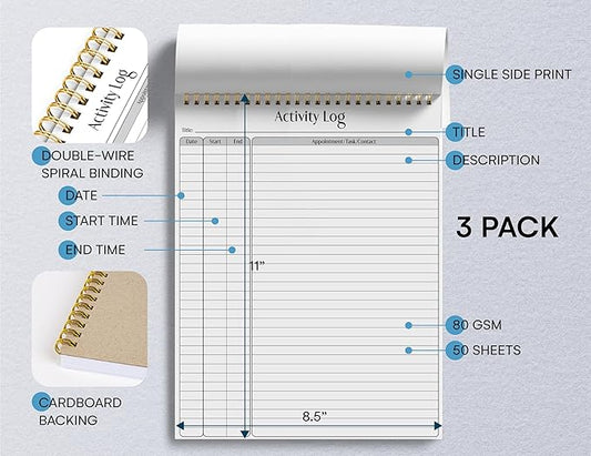 Better Office Products Activity Log Notepad, 8.5" x 11", Planning Note Pad, 50 Sheets, Double-Wire Spiral, Daily Time Tracking Productivity Checklist Organizer (3 Pack)