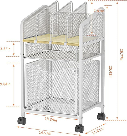 Rolling File Cabinet with Adjustable Dividers, Mobile Filing Cabinet with 2 Storage Drawers on Lockable Wheels, Hanging File Organizer Beside Under Desk for Office, Home, White(Patent Pending)