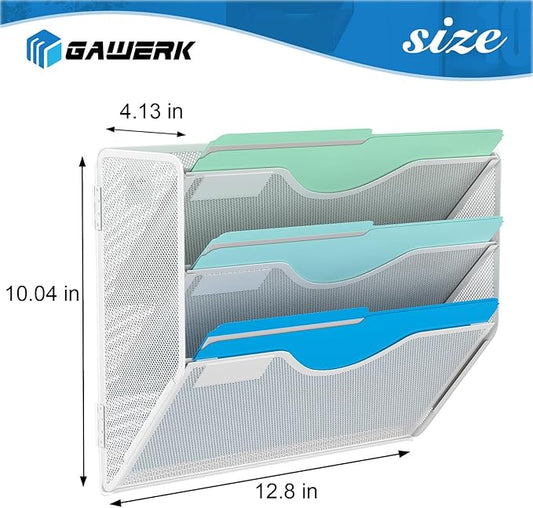 Gawerk 3 Tier Hanging Wall File Organizer, Mesh Mail Paper Orgnization Hanging File Folder Holder for Home Office, White
