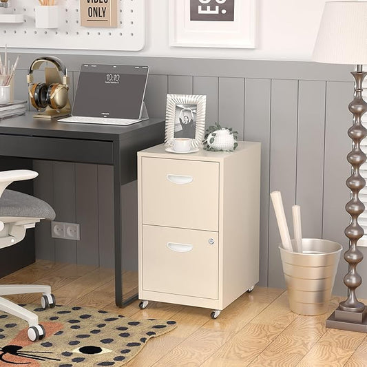 SteeLoong 2 Drawer File Cabinet with Lock,Cream Rolling File Cabinet for Home Office, Metal Small Mobile Filing Cabinets on Wheels for Hanging Letter