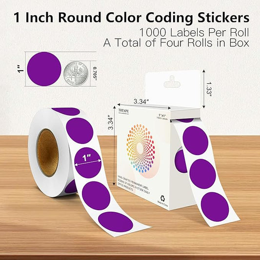 Purple 1 Inch Round Color Coding Labels with 4000 Dots, 4 Rolls - Bright Color Dot Stickers for File Folders, Inventory System - Highly Visible