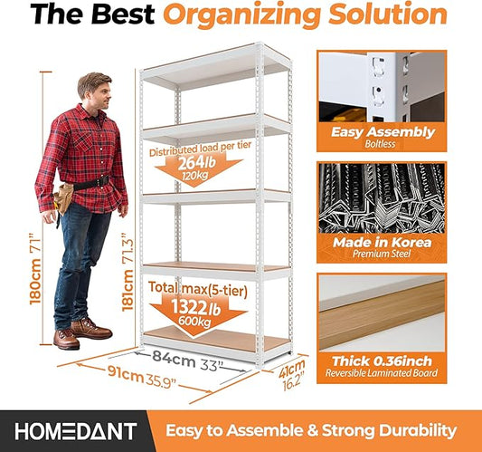 HOMEDANT 35.9" W 5 Tier Heavy Duty Garage Shelving Adjustable Metal Rack Storage Shelves Standing Shelf Unit Organizers Pantry Closet White 1Pack