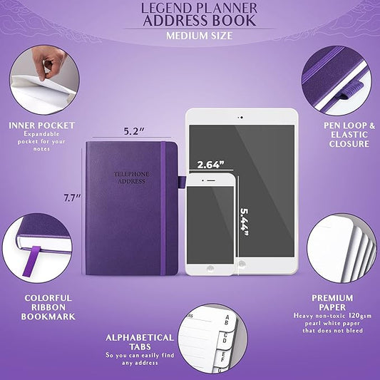 Legend Planner Address Book with Alphabetical Tabs –Telephone Contacts Book for Phone Numbers, Addresses, Passwords, Medium (Purple)