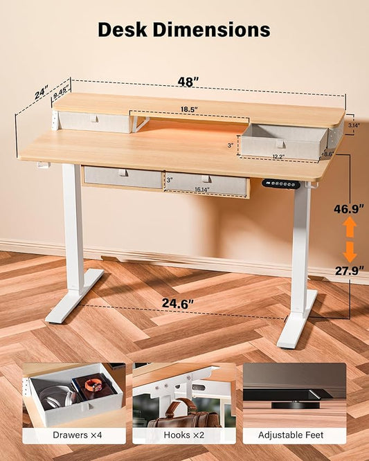 FiCiHi Electric Standing Desk with Four Drawers, Adjustable Height Sit Stand Desk, C-Clamp Compatible Home Office Desk with Storage Shelf & Monitor Stand Riser, 48 x 24 Inch, Maple
