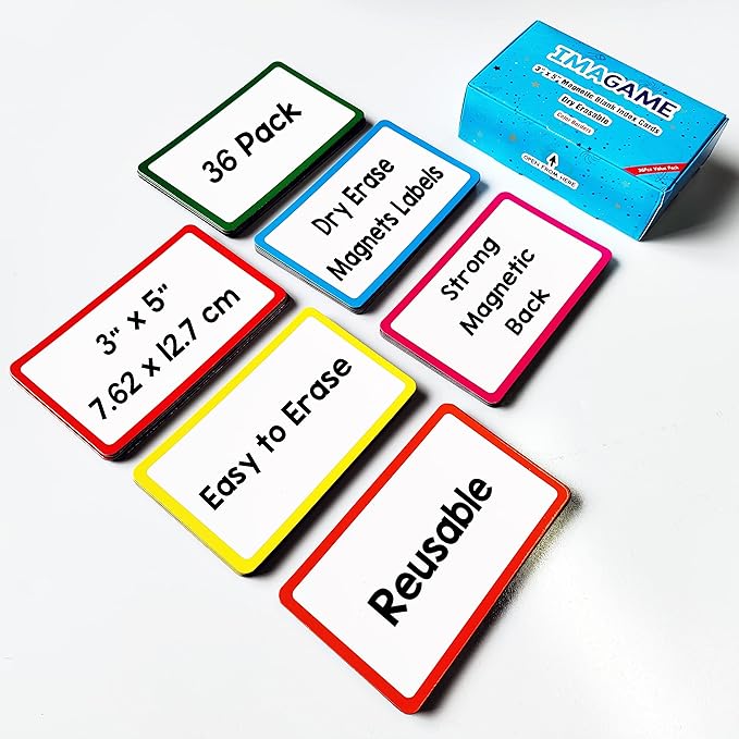 36 Pack Magnetic Dry Erase Labels - Magnetic Blank Cards with Color Borders, Reusable Magnetic Name Tags - Dry Erase Labels for Home, Office, Classroom - 3 x 5 Inches