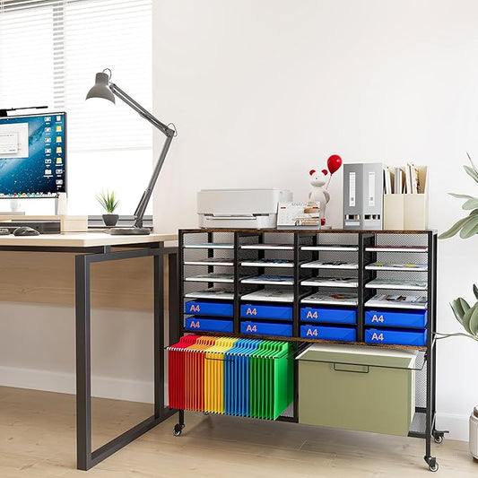 EasyPAG Rolling File Cart with 24 Slot Mail Organizer, Under Desk Storage with Hanging File Rack for Letter/Legal Folders, Mobile Filing Cabinet Printer Stand for Office Home Classroom, Black