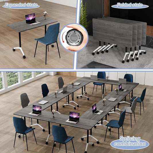 Conference Table Flip Top Mobile Conference Room Tables,Folding Conference Table with Wheels,Large Meeting Training Seminar Table Saving Space for Office Classroom(2C,55.1'')