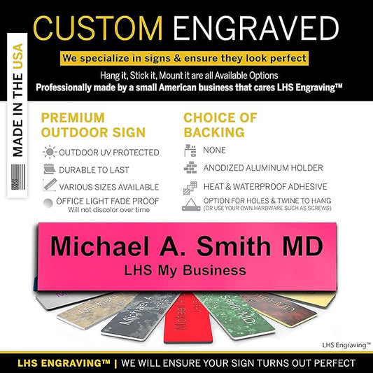 Custom Name Plate with Choice of Mounting for Walls, Doors, Cubicles, Hanging and More - Personalized Ribbon Pink Plastic Black Letters - USA Made 2x12 - B12