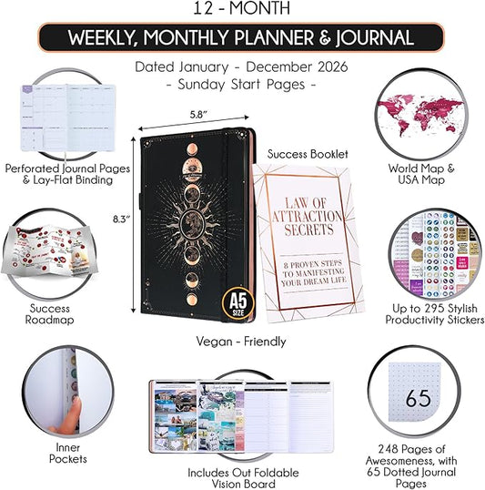 Law of Attraction Planner 2026 Deluxe with Productivity App | Weekly & Monthly Goal-Setting Planner, Life & Gratitude Journal | Include Foldable Vision Board, Gift Box & Stickers