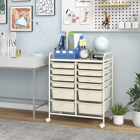 Giantex 12 Drawers Rolling Storage Cart, Classroom Organizers with Wheels for Tools Scrapbook Craft Paper Teacher Office School Supplies (Ivory)
