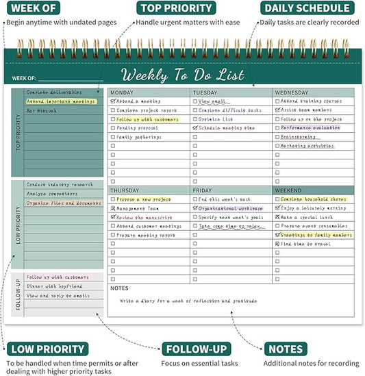 ALKALO 104 Pgs Weekly To Do List Notepad, 52 Duplex-Printed Undated Sheets 100 GSM(8.5"×11") Weekly Desk Planner For Work Home School Office Desk Accessories Supplies & Goal Setting Tasks - Green