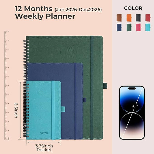 IN-LUXPRO Planner 2026 Daily Weekly and Monthly,6.5"x3.75",12 Months Spiral Bound Calendar Agenda with Self-adhesive Pen Holder,2026 Appointment Book with Vegan Leather Soft Cover,Light Blue