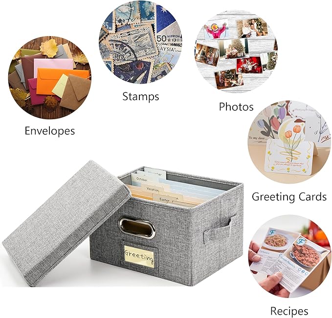 Remowith Greeting Card Organizer and Storage Box with 20 Pcs Adjustable Dividers, Storing Cards with 84 Pcs Labels Perfect for Storing Greeting Cards, Envelopes, Photos 2 Pack Grey