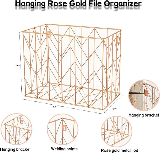 Fei Bi 1 Pack Metal Hanging Rose Gold File Organizer, Basket, Box, Storage Box, Office and School Supplies Organizer