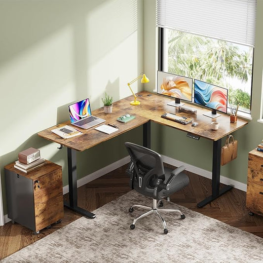 DEVAISE L Shaped Standing Desk Adjustable Height, Dual Motor Electric Corner Standing Desk, 63x55 inch Sit Stand up Home Office Desk with Splice Board, Rustic Brown