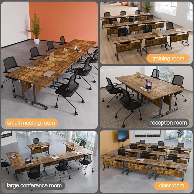 Folding Conference Table 4ft 5ft, Foldable Office Meeting Desk for 6 People, Multiple Sizes Colors Mobile Conference Room Table for Training Room School Business Furniture (2, Brown, 55in)