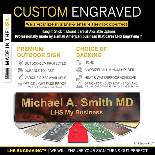 Personalized Name Plate with Choice of Mounting Holders for Walls, Doors, Cubicles, Hanging and More - Custom Bloss Burlwood Plastic Gold Letters - USA Made 2x12 - N2