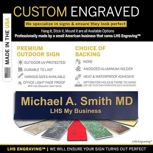 Custom Name Plate with Choice of Mounting for Walls, Doors, Cubicles, Hanging and More - Personalized Navy Blue Plastic Gold Letters - USA Made 2x10 - B10