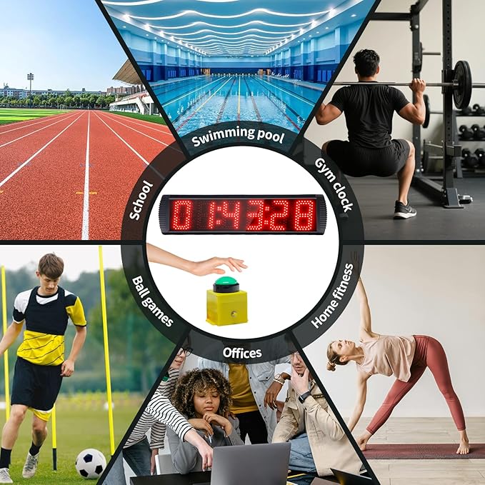 5 Inch 6-Digit LED Race Timer, Running Event Gym Timer for Countdown/Count Up, 12/24 Hour Real Time, Stopwatch with Remote Control, Portable Large Wall Clock(Button)