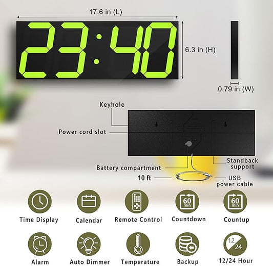 LED Large Digital Wall Clock, Oversize Digital Clock with 6” Numbers, Remote Control Count up/Countdown Timer Clock, Auto Dimmer, Big Calendar and Thermometer(Yellow