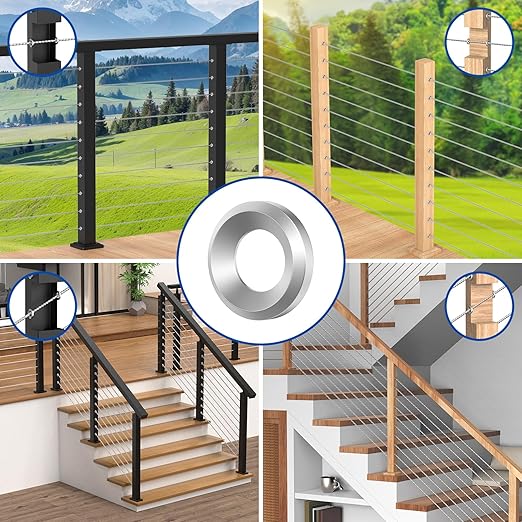 BLIKA 60Pack Cable Railing Adhesive Sleeves for 1/8" 5/32" 3/16" Wire Rope Cable, T316 Stainless Steel, 2.8mm Thickness Cable Railing Protector Adhesive Sleeves for Deck Stair Cable Railing Post Kits