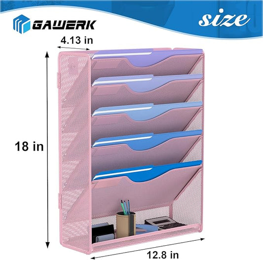 Gawerk 6 Tier Hanging File Organizer, Mesh Wall File Holder Paper Folder Rack with Bottom Flat Tray for Office Home, Pink