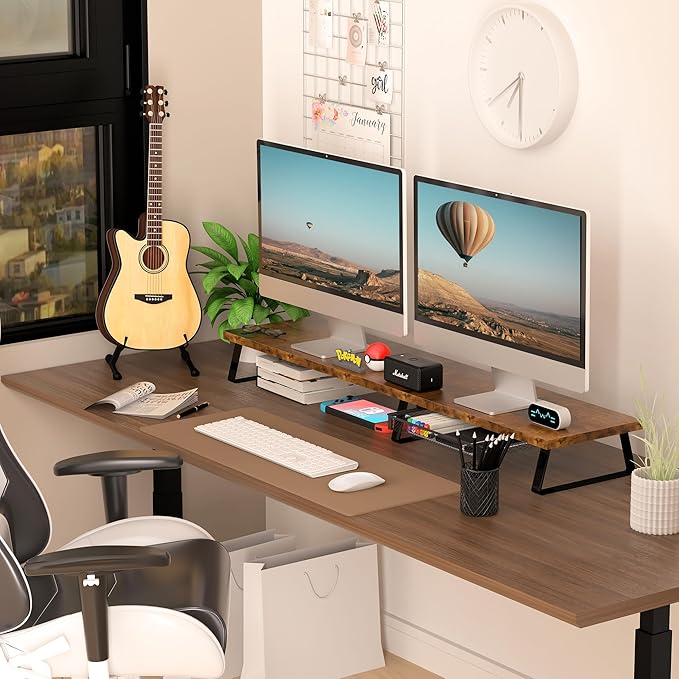 Aothia Dual Monitor Stand Riser with Drawer — Metal Leg Desk Shelf