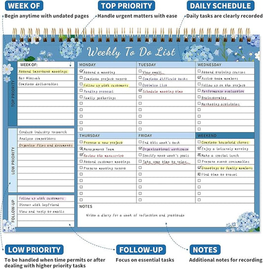 104 Pgs Weekly To Do List Notepad, 52 Duplex-Printed Undated Sheets 100 GSM(8.5"×11") Weekly Desk Planner For Work Home School Office Desk Accessories Supplies & Goal Setting Tasks -Blue Hydrangea