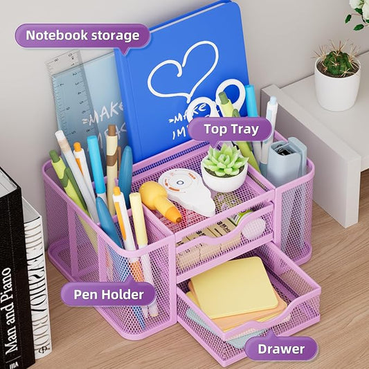 Marbrasse Mesh Desk Organizer with 2 Drawers, Pen Holder & Notebook Slot