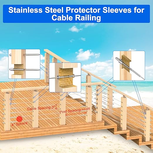 BLIKA 20 Pack Stainless Steel Protector Sleeves for 1/8" 5/32" or 3/16" Deck Cable Railing, for Wood/Composite Posts, T316 Marine Grade