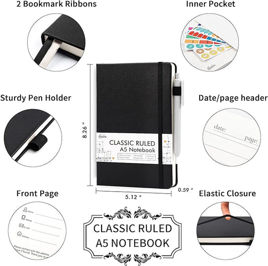 24 Pack Journal Notebook for Work, Feela Business Notebook Bulk Hardcover Lined Writing Journal with Pen Holder for Men Women Note Taking, with 24 Black Pens, 120 GSM, 5.1”x8.3”, A5, Black