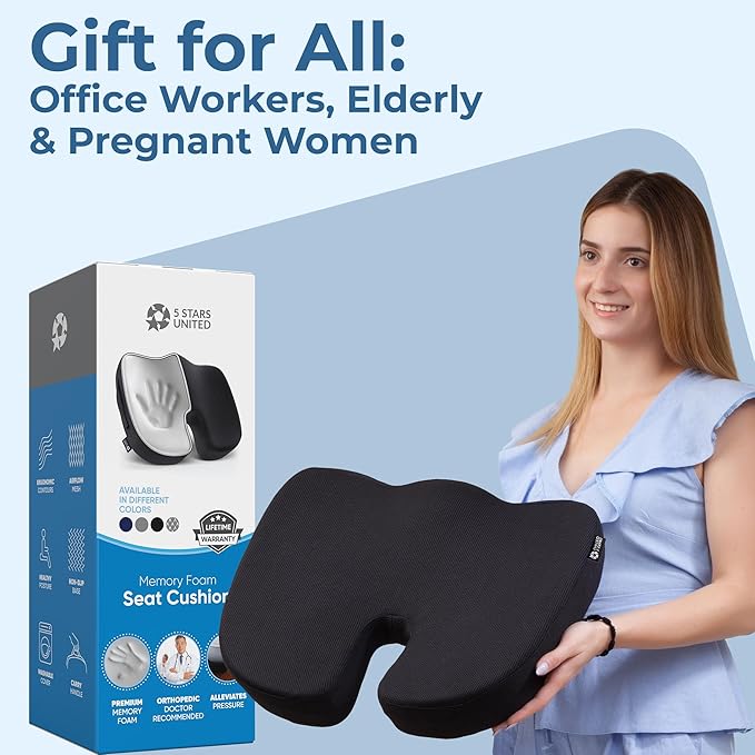5 STARS UNITED Seat Cushion for Tailbone Pain Relief ā Memory Foam Cushion for Coccyx, Hemorrhoid, Sciatica & Post-Surgery Recovery ā Wheelchair, Car, Desk, Gaming & Office Chairs, Arctic Black