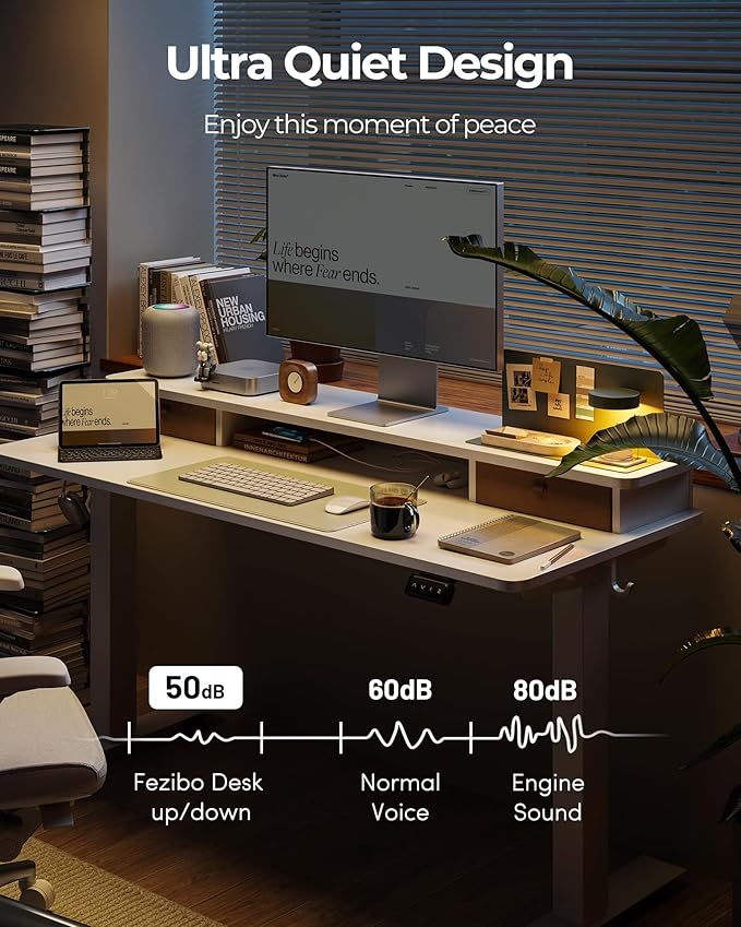 FEZIBO 60 x 24 Inch Height Adjustable Electric Standing Desk with Double Drawer, Stand up Home Office Computer Desk with 4 Height-Adjustable Feets & 2 Hooks, White
