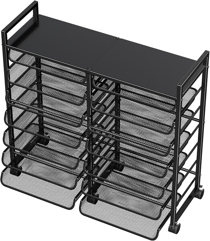 Simple Trending Rolling File Storage Cart, 15-Tier Metal Desk File Organizer with 14 Mesh Sliding Trays, Multi-Functional Clutter Cart for Office Home School, Black