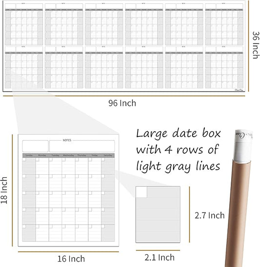 CLEVER CLEAN Large Dry Erase Wall Calendar - 36"x96" 12-month 2026 Undated Yearly Calendar for Home, Office, School Projects - Jumbo Reusable Laminated Task Organizer