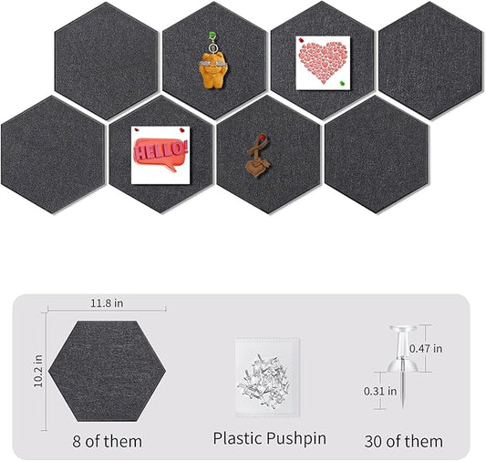 12'' Large Hexagon Cork-Bulletin Boards for Walls, Self-Adhesive Modern Corkboard, Frameless Felt Pinboard, Prayer-Vision Pin Board for Office, Pack of 8 Hex Cork Tiles with 30 Pushpins