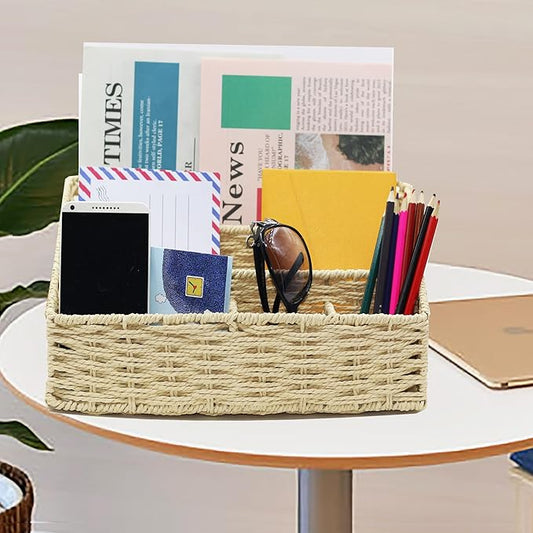 Boershun Rattan Mail Organizer - Countertop, Desk, Bills, Woven Basket, Magazine Holder, Mail Sorter, Hobo Organizer,Beige