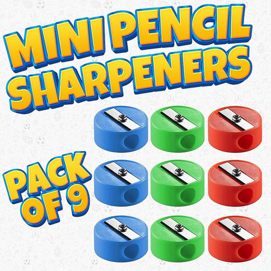 Bedwina Pencil Sharpeners - 9 Pack Pocket Sized Mini Handheld Colored Pencil Sharpener Manual for Kids, Plastic and Colorful for Party Favors, Goodie Bags, Classroom Prizes, School Supplies