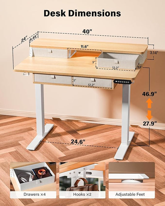 FiCiHi Electric Standing Desk with Four Drawers, Adjustable Height Sit Stand Desk, C-Clamp Compatible Home Office Desk with Storage Shelf & Monitor Stand Riser, 40 x 24 Inch, Maple