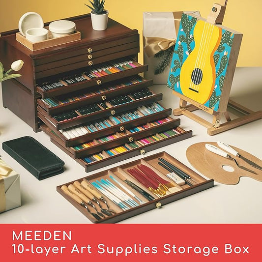 MEEDEN 10-Drawer Art Supply Storage Box, Beech Wood Art Box, Large Capacity Wooden Pencil Box with Drawer & Compartments for Organizing Pastels, Pencils, Pens, Markers, Brushes & Stamp, Walnut